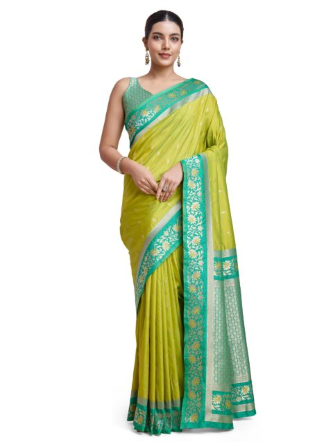 Monjolika Fashion Women's Banarasi Silk Saree in Satin and traditional golden zari work comes with Unstitched Blouse Piece (Parrot Green)