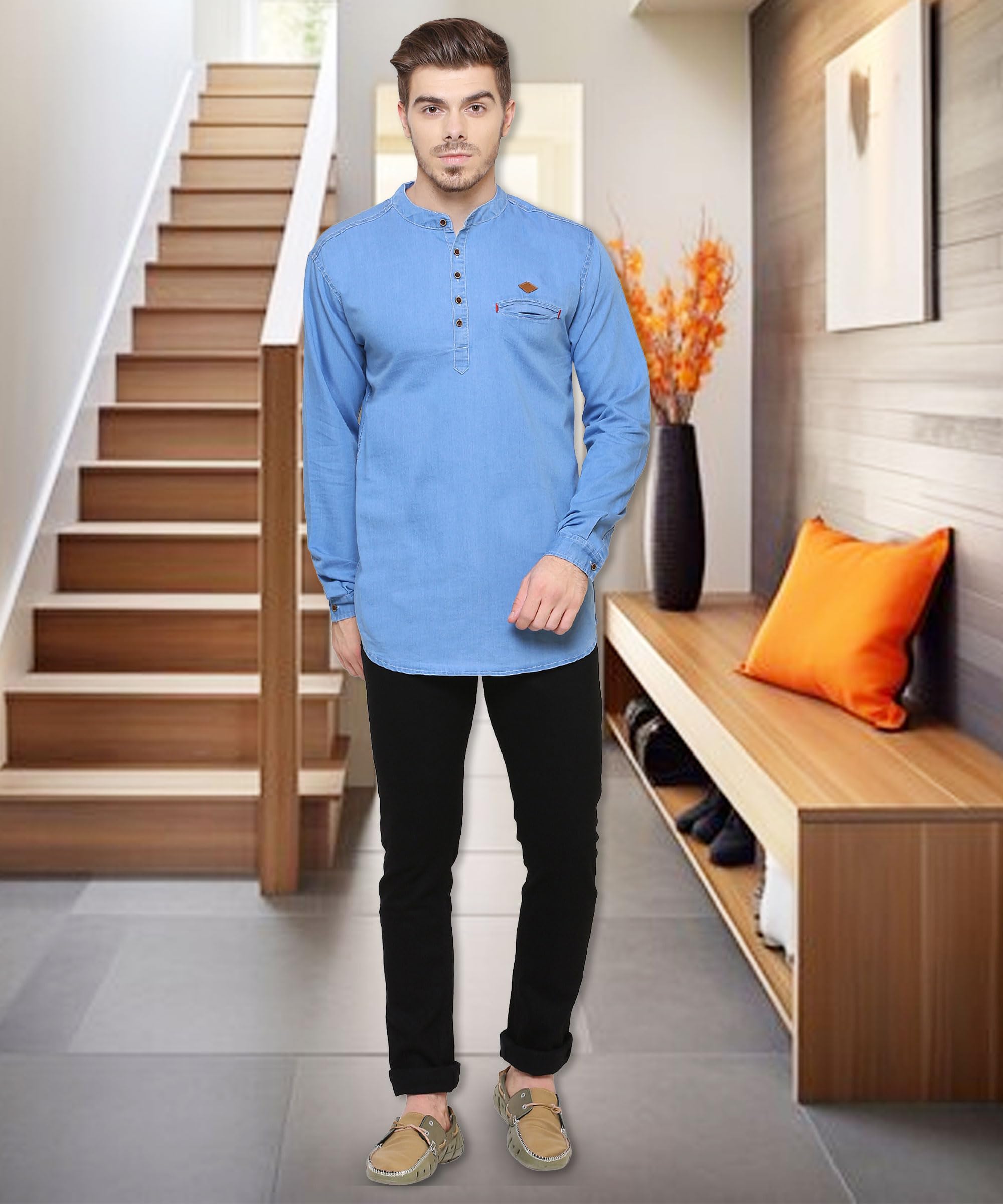 Kuons Avenue Men's Tailored Fit Denim Short Kurta (KACLFS1169E-XL_Sky Blue_X-Large) - Image 7