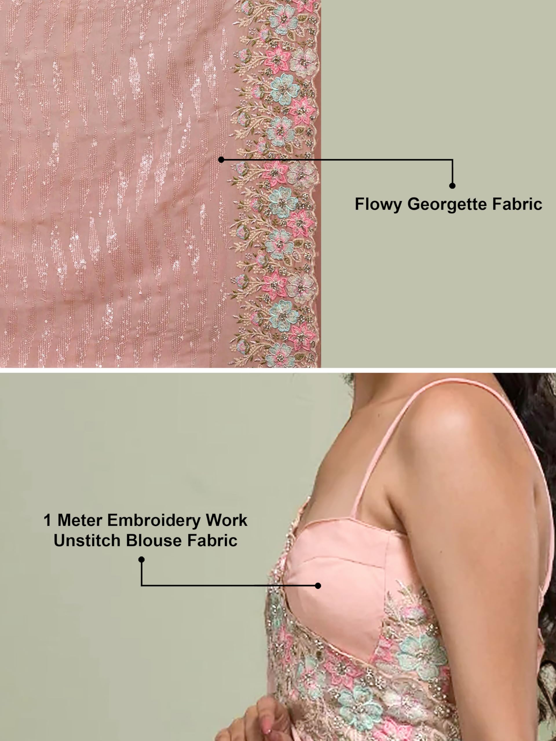 TRENDMALLS Women's Georgette Embroidery Sequence Work Saree With Unstitched Blouse Piece (K1100-Pink) - Image 5