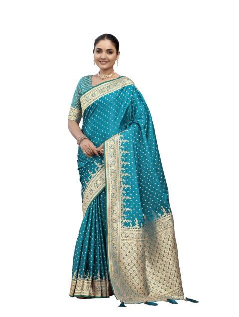 MANOHARI Women's Most Trendy Banarasi Satin Silk Woven Turquiose Blue Saree With Heavy Jacquard Work Saree With Blouse Piece_MN1993
