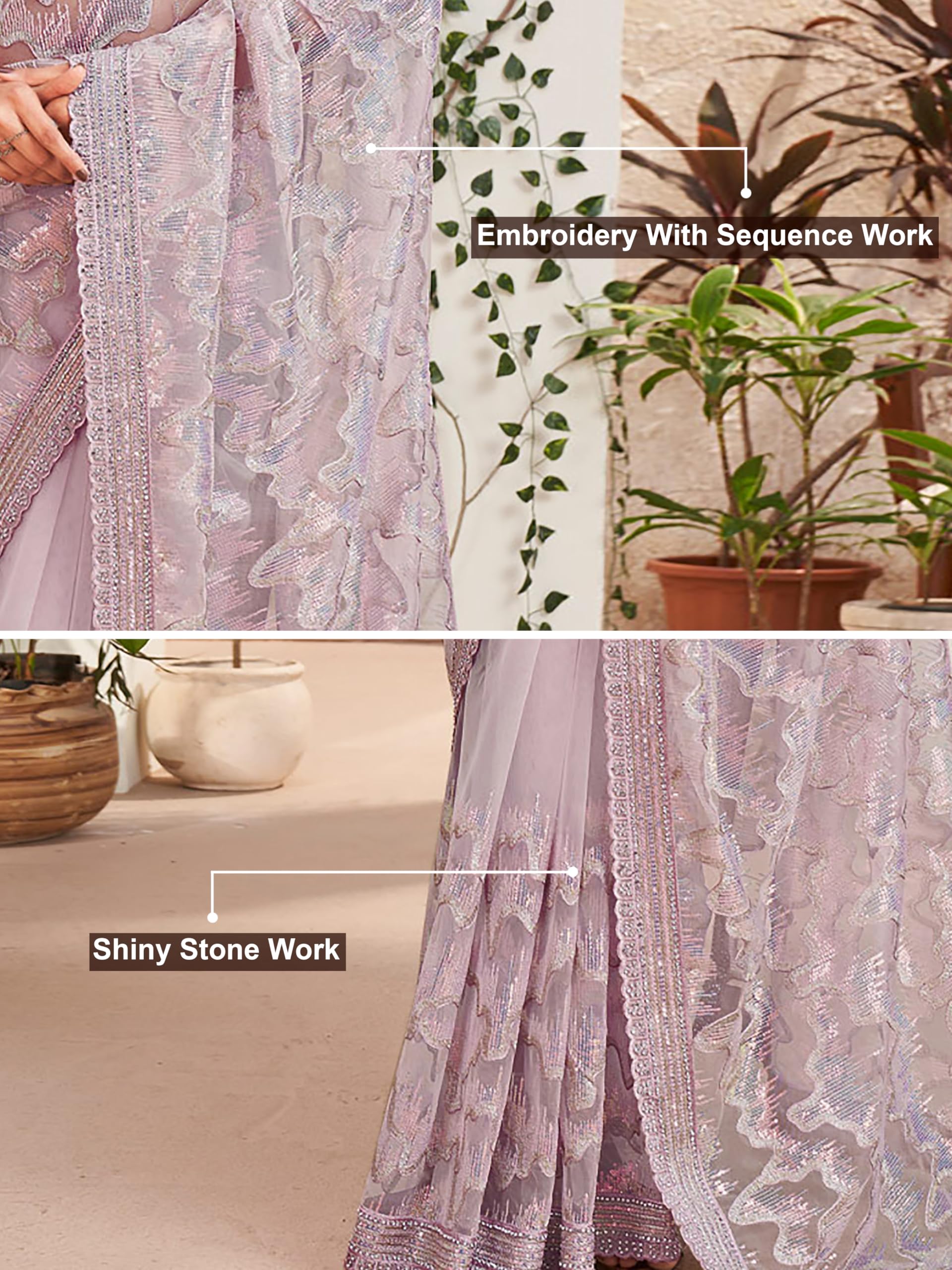 TRENDMALLS Women's Net Embroidery Stone, Sequin Work Saree with Unstitch Blouse Piece (K1126-Pink) - Image 3