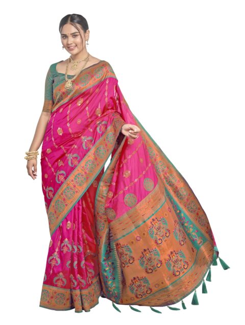 MANOHARI Women's Most Trendy Banarasi Woven Pink with Green Saree With Heavy Jacquard Work Saree With Blouse Piece