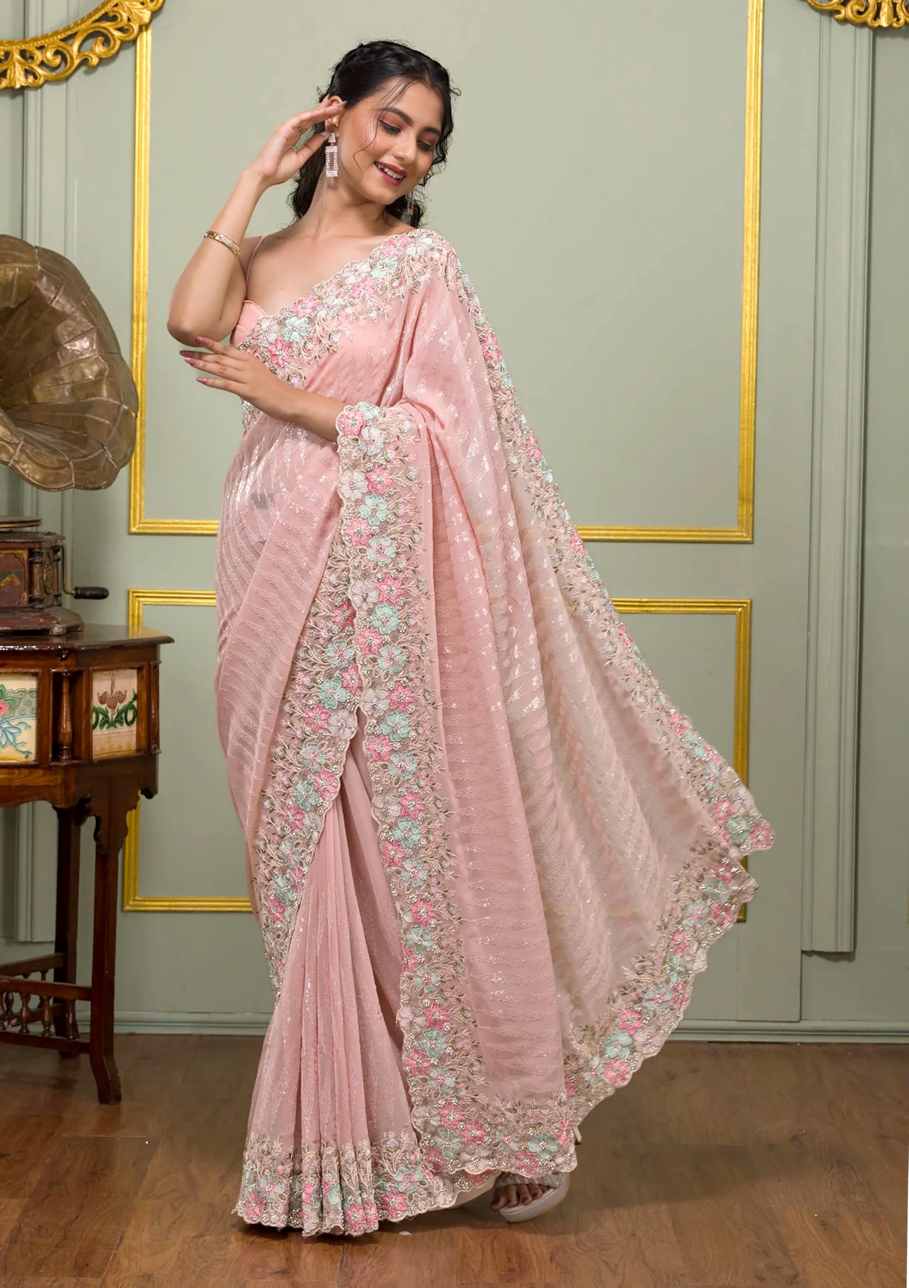 TRENDMALLS Women's Georgette Embroidery Sequence Work Saree With Unstitched Blouse Piece (K1100-Pink) - Image 2