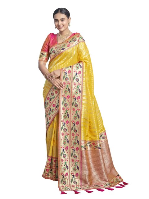 MANOHARI Women's Most Trendy Banarasi Woven Yellow with Pink Saree With Heavy Jacquard Work Saree With Blouse Piece (Yellow)