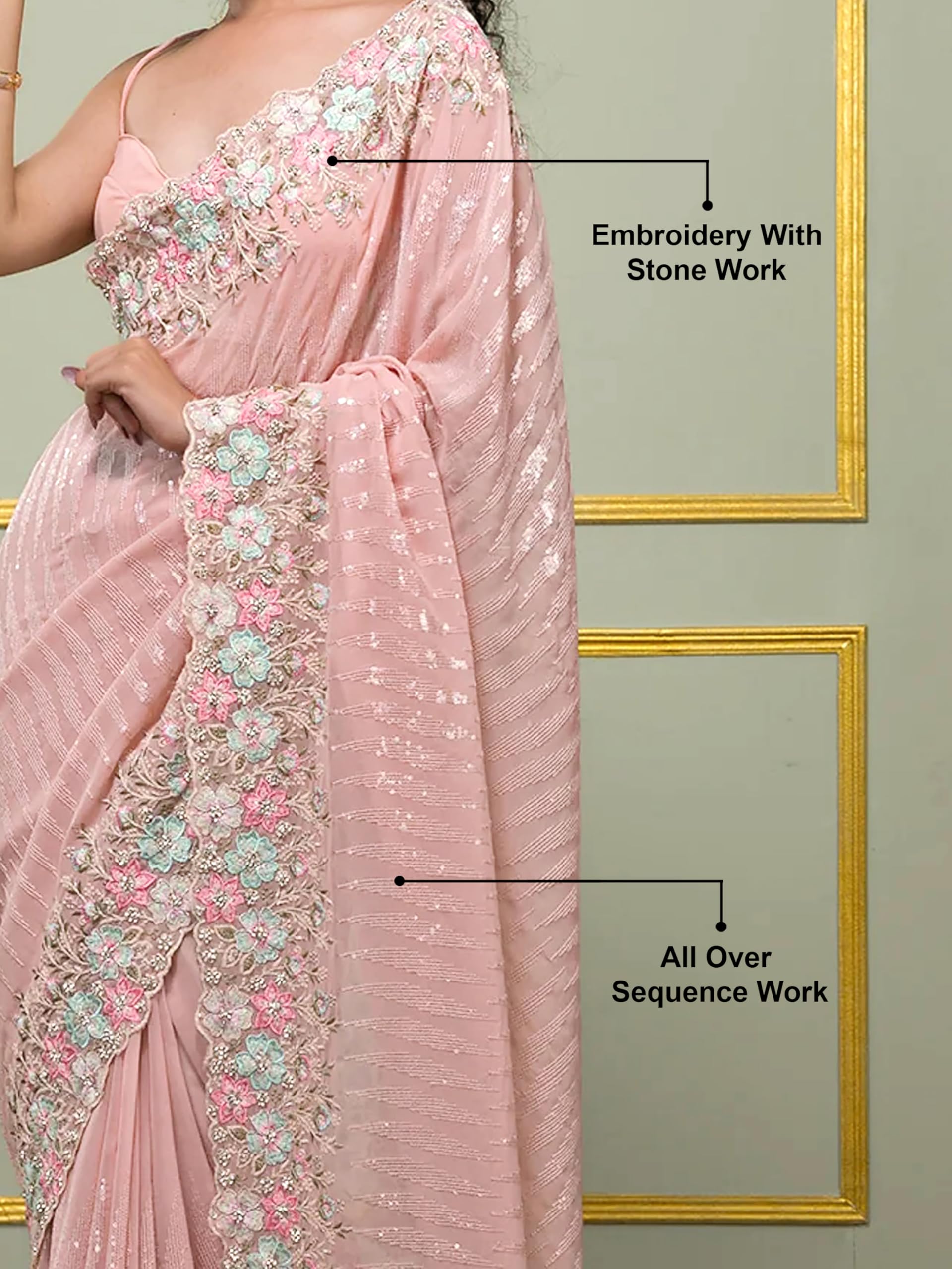 TRENDMALLS Women's Georgette Embroidery Sequence Work Saree With Unstitched Blouse Piece (K1100-Pink) - Image 6