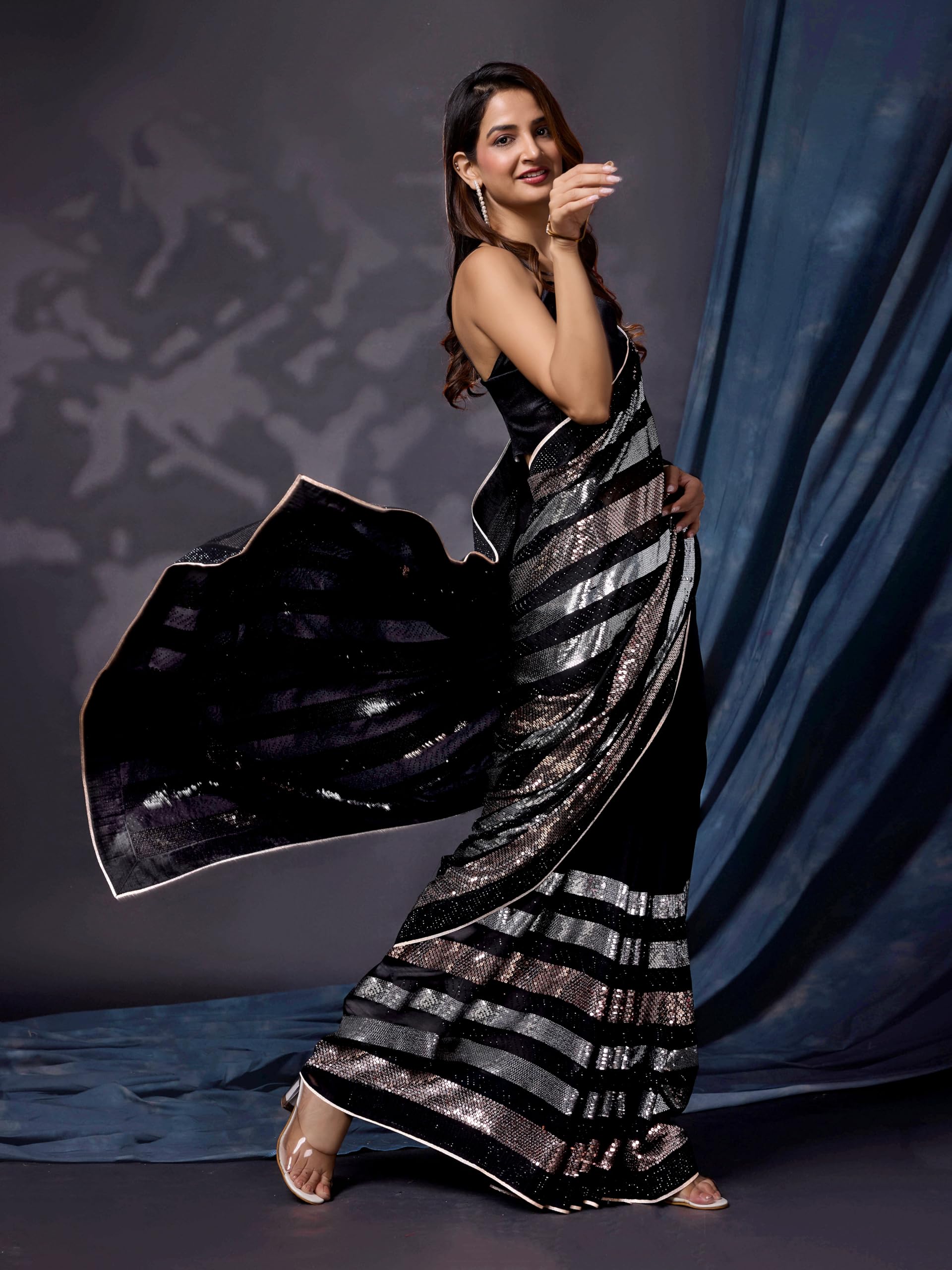 TRENDMALLS Women's Silk Sequins Work Saree with Blouse Piece (K1111-Black-Wedding-Party) - Image 2