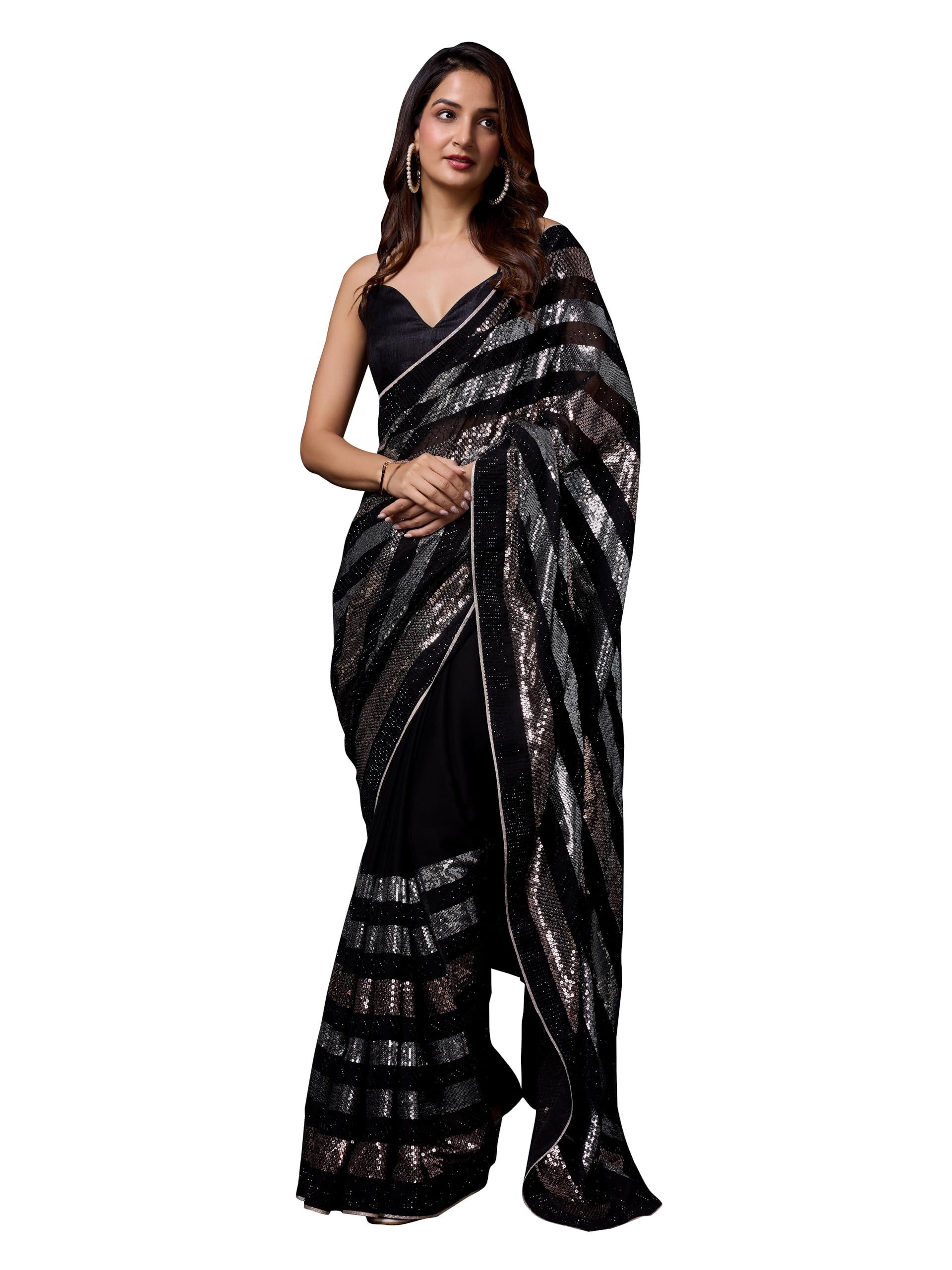 TRENDMALLS Women's Silk Sequins Work Saree with Blouse Piece (K1111-Black-Wedding-Party)