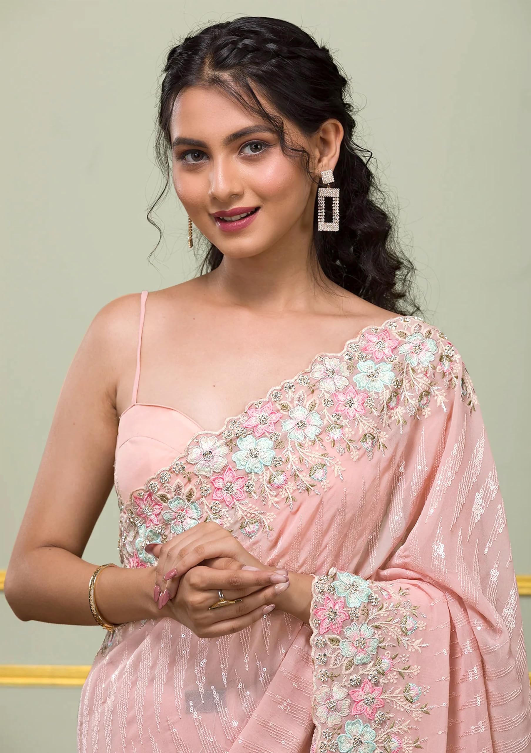 TRENDMALLS Women's Georgette Embroidery Sequence Work Saree With Unstitched Blouse Piece (K1100-Pink) - Image 4