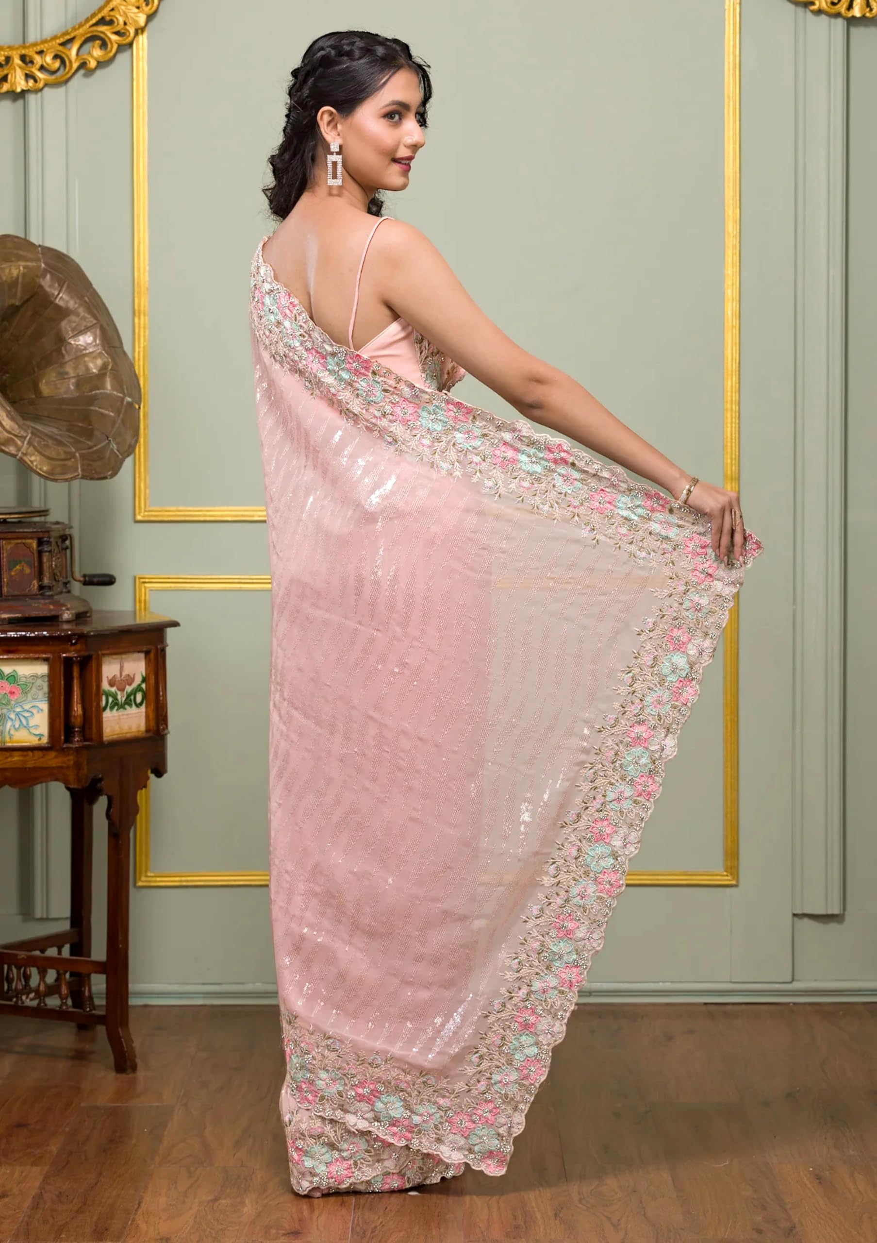 TRENDMALLS Women's Georgette Embroidery Sequence Work Saree With Unstitched Blouse Piece (K1100-Pink) - Image 8