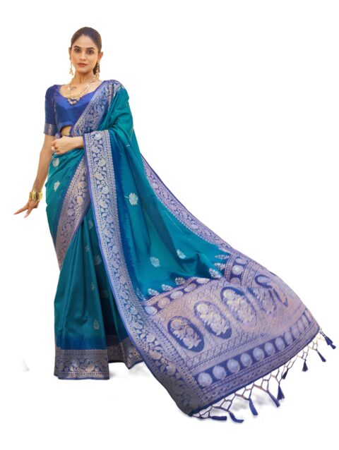 SWORNOF Women's Kanjivaram Soft Silk Banarasi Sarees With Unstiched Blouse Piece (BLUE)