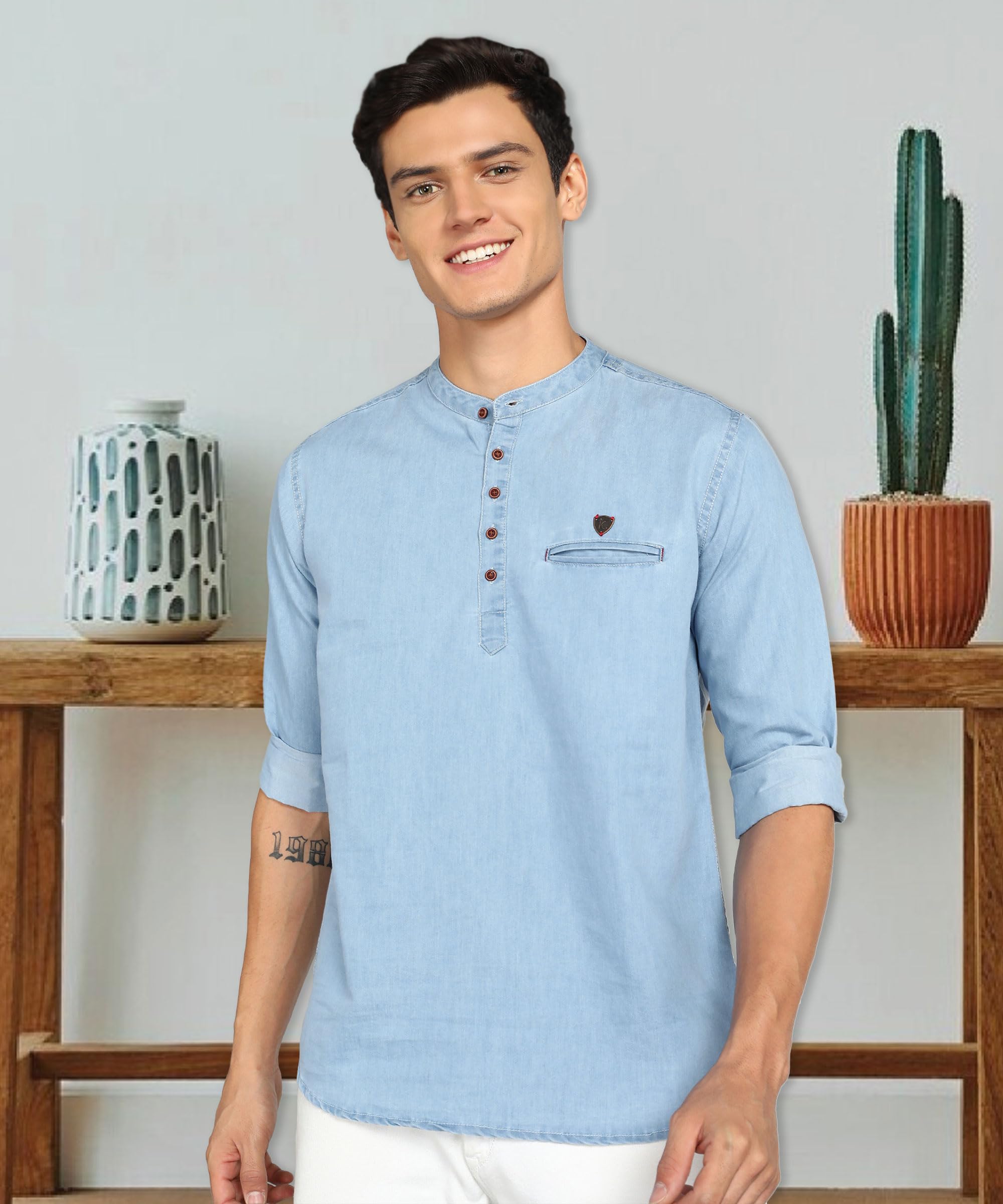 Kuons Avenue Men's Denim Casual Short Kurta (KACLFS1169Y-L_Icewash Blue_Large) - Image 7