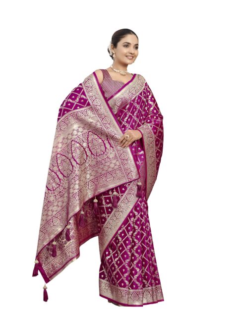 MANOHARI Women's Most Trendy Banarasi Satin Silk Woven Pink Saree With Heavy Jacquard Work Saree With Blouse Piece_MN1998